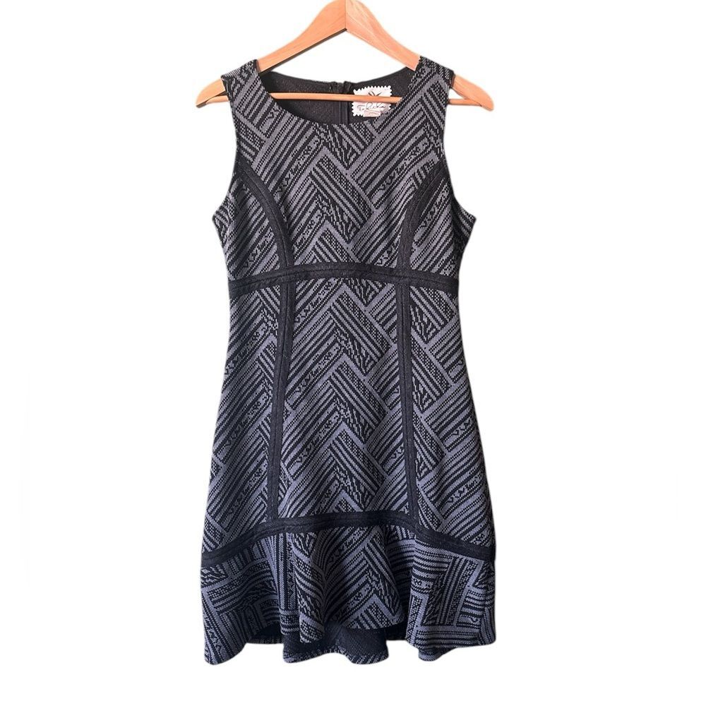 Anthropologie Tabitha Sleeveless Knit Flounce Dress Gray Black Geometric Sz 8
